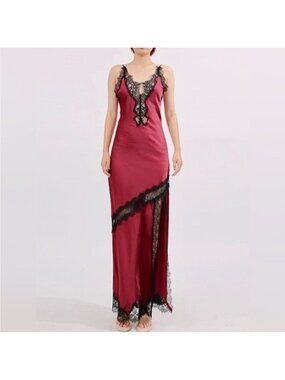 Elegant Burgundy Lace Trim Nightgown